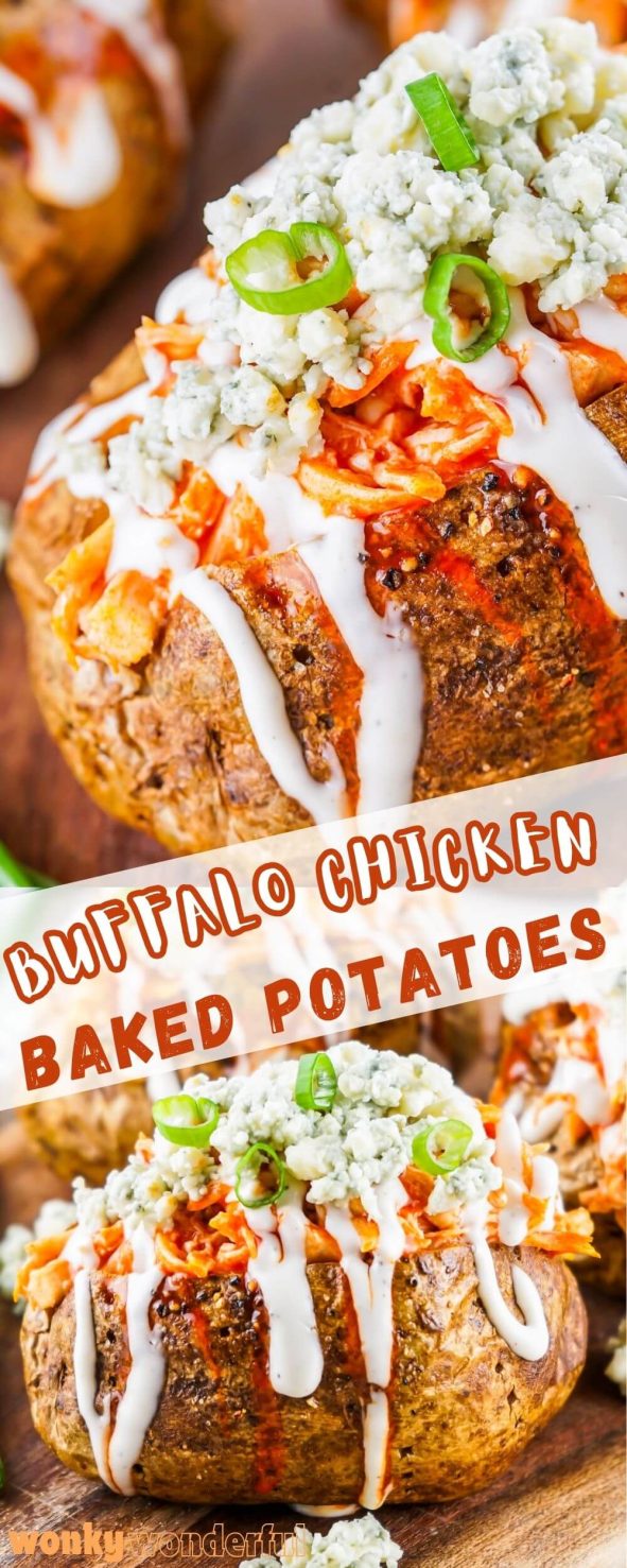 These BUFFALO CHICKEN BAKED POTATOES are perfect for a easy weeknight dinner or game-day grub. buffalo chicken baked potatoes pinnable image