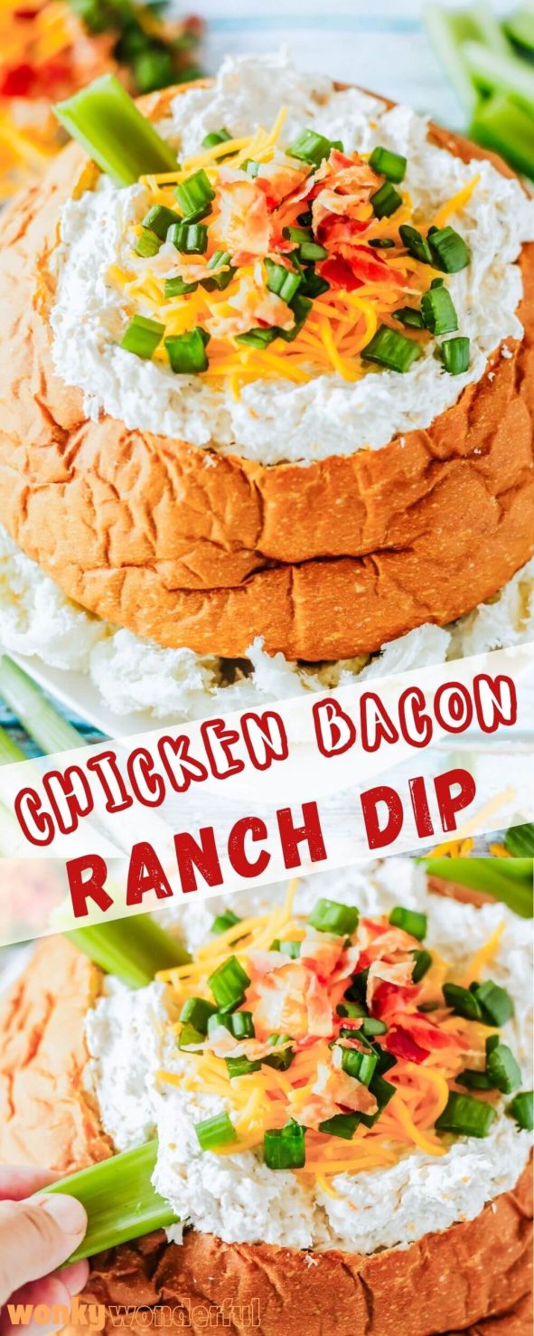 This CHICKEN BACON RANCH DIP is super simple to prepare and the perfect appetizer for parties, holidays and game day. chicken bacon ranch dip pinnable image
