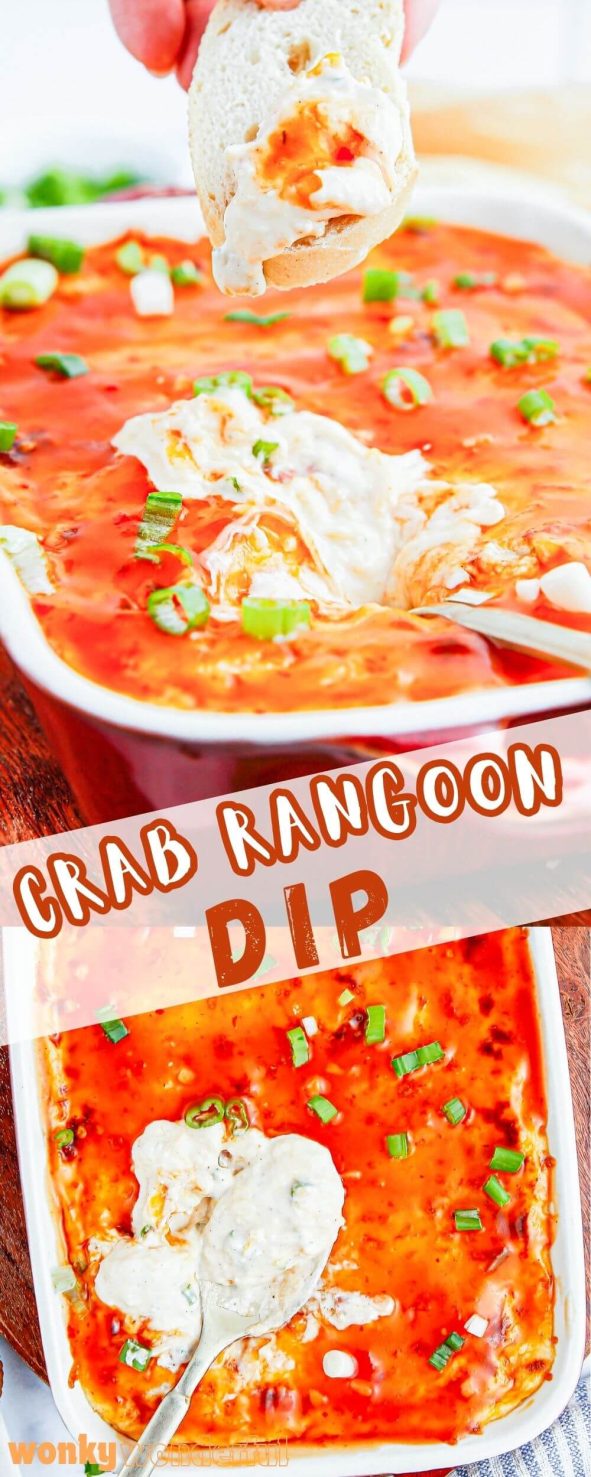 Looking for a new appetizer to add to your spread? This CRAB RANGOON DIP is simple, unique and so delicious! crab rangoon dip pinnable image