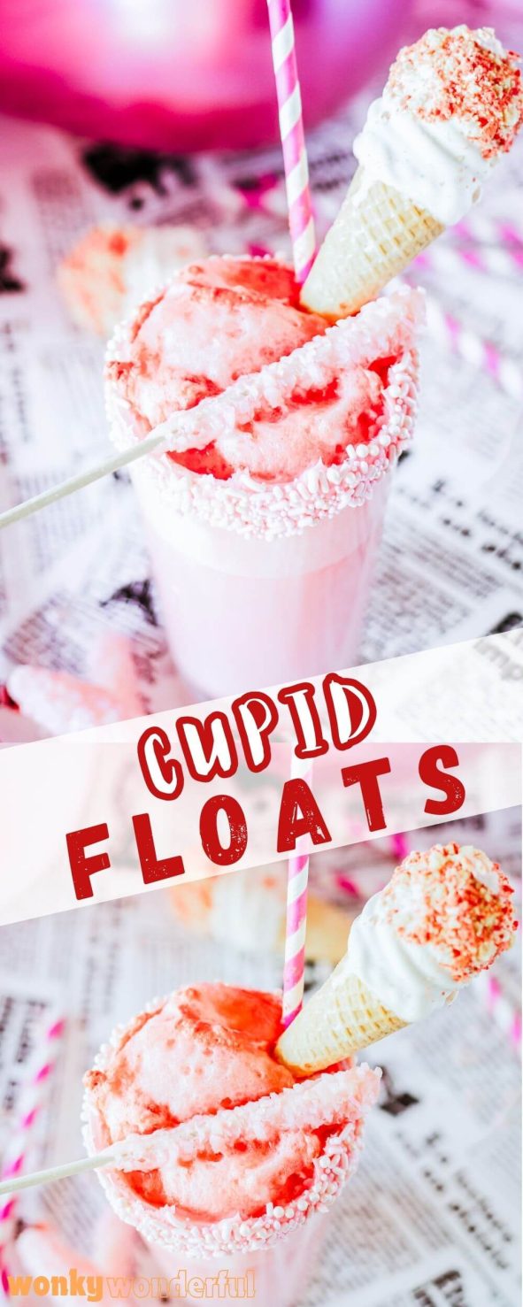 These CUPID FLOATS are a super cute and easy Valentine's Day dessert. A mixture of vanilla ice cream and red soda with lots of pink garnishes. cupid float pinnable image