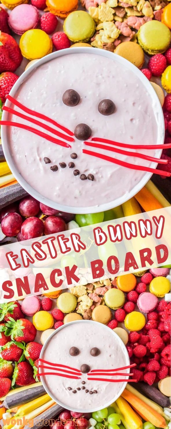 Make this EASTER DESSERT CHARCUTERIE BOARD for a fun sweet treat on the holiday. Fruit, cookies and fluff dip for the ultimate sweet snack board. easter dessert charcuterie board pinnable image