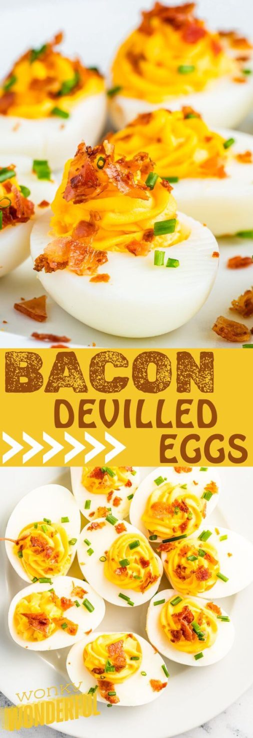 BACON DEVILED EGGS takes our favorite holiday party appetizer to the next level. Bacon and Eggs were made to be together. bacon deviled eggs pinnable image