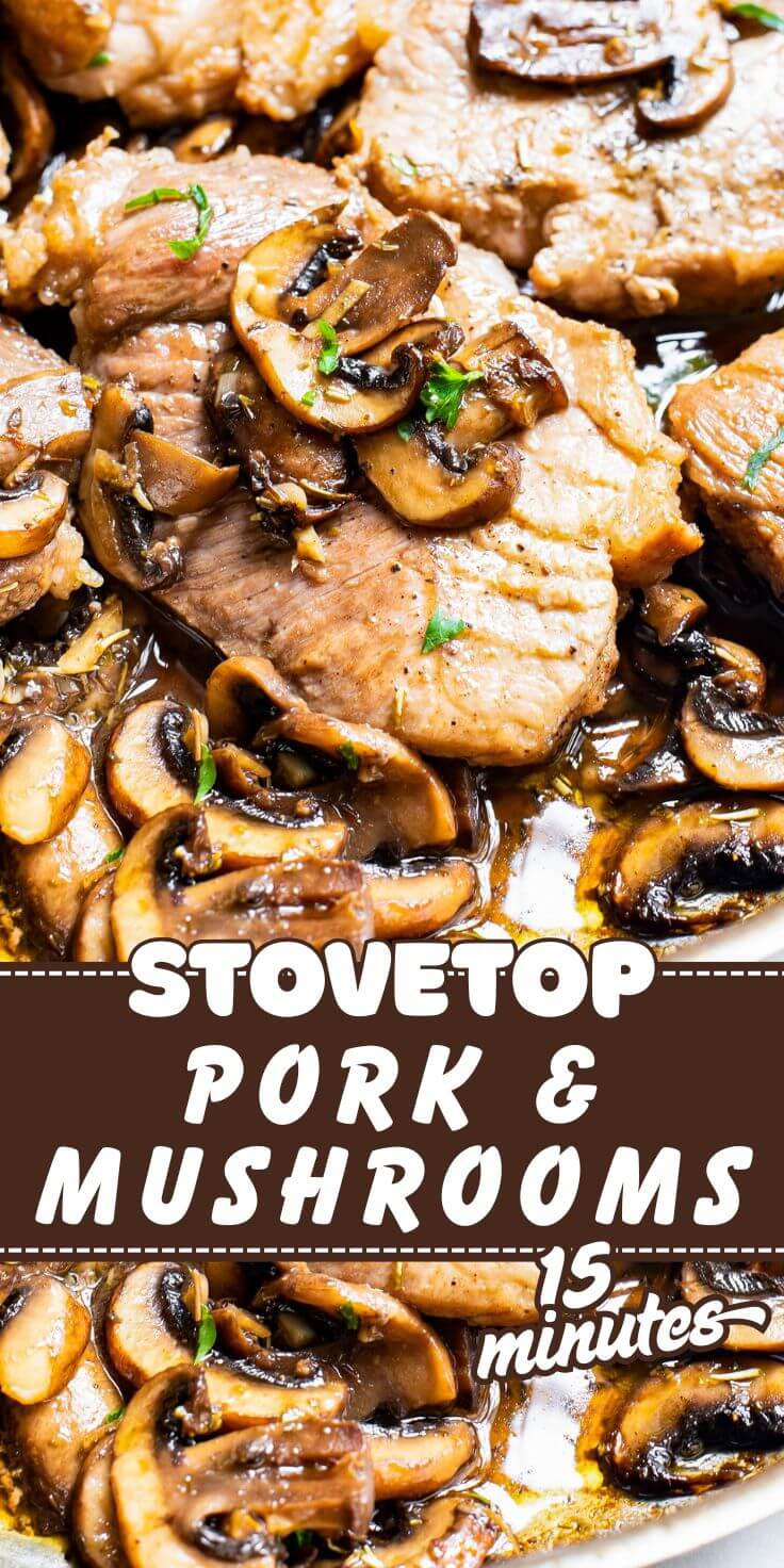 This STOVETOP PORK AND MUSHROOMS recipe is great for a quick weeknight comfort food dinner. Seared pork tenderloin medallions and sautéed mushrooms are great over mashed potatoes or rice. stovetop pork and mushrooms pinnable image