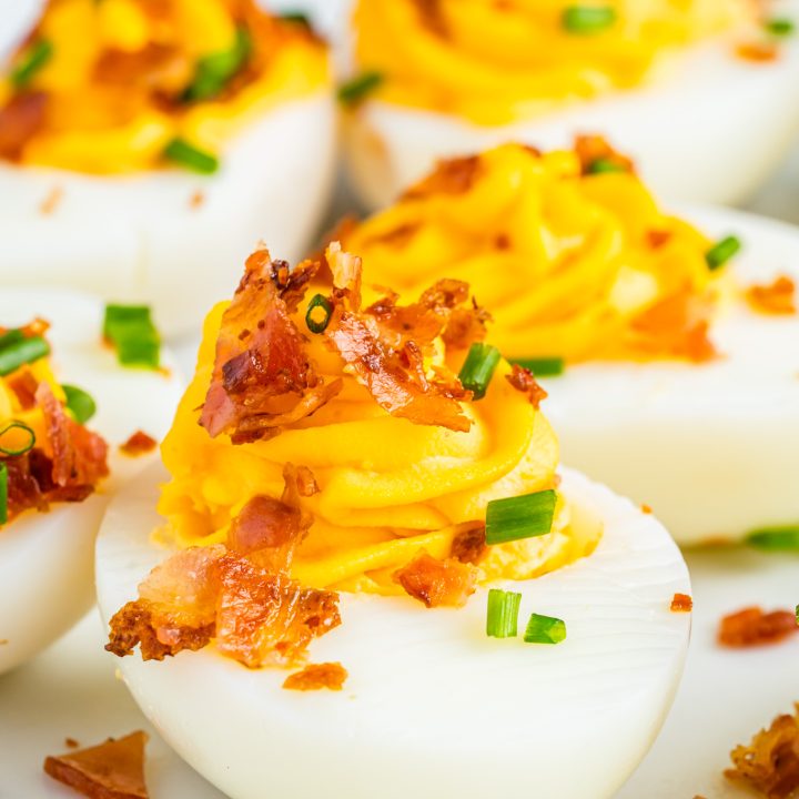 deviled egg topped with bacon crumbles