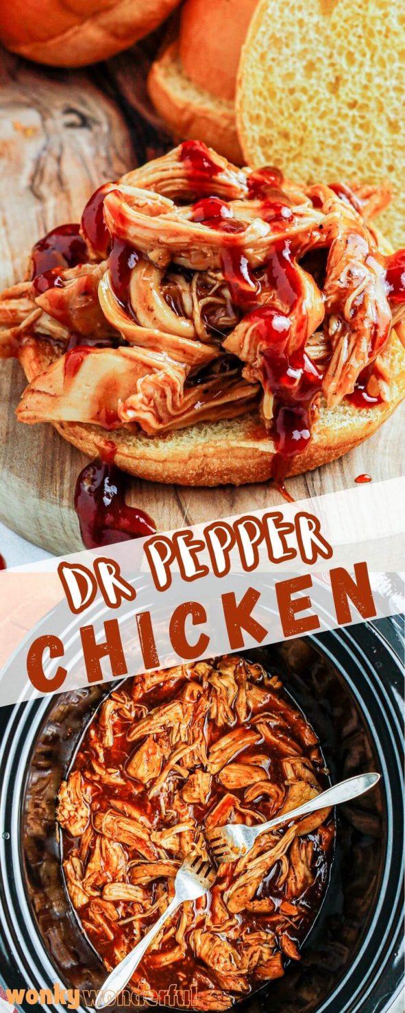 Make this CROCKPOT DR PEPPER SHREDDED CHICKEN for a super easy dinner, potluck, parties or a game-day meal. dr pepper shredded chicken pinnable image