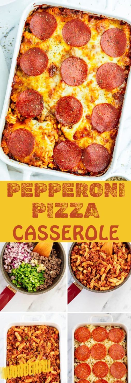 This PEPPERONI PIZZA CASSEROLE is a great weeknight dinner idea. The flavors and ingredients of traditional pizza but in pasta casserole form. pepperoni pizza casserole pinnable image