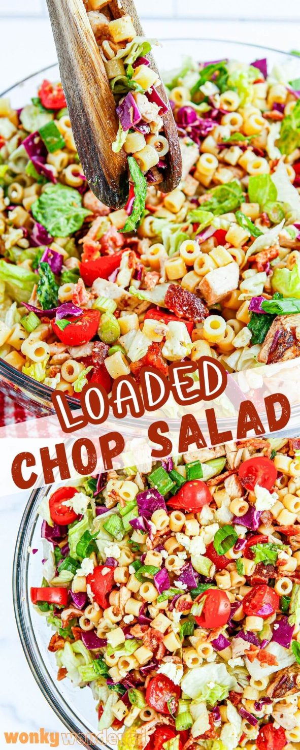 Make this COPYCAT PORTILLO'S SALAD for a full-meal salad. Chicken, pasta, bacon, lettuce, cabbage, cheese, tomatoes, onion and dressing. portillos salad pinnable image