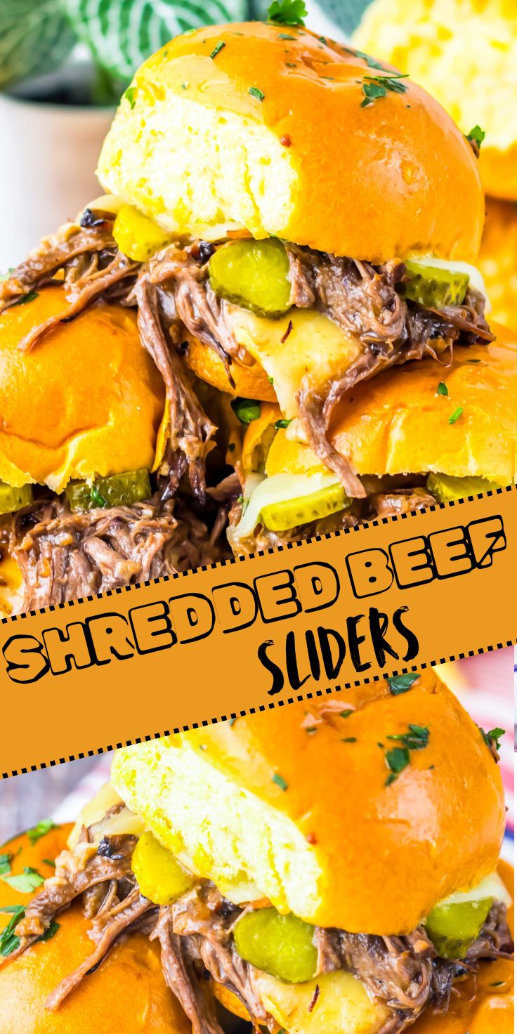 These CROCKPOT SHREDDED BEEF SLIDERS are an easy no-fuss dinner. Cook beef roast all day in the slow cooker with beer, a brown gravy and onion packet and sliced onions. crockpot shredded beef sliders pinnable image