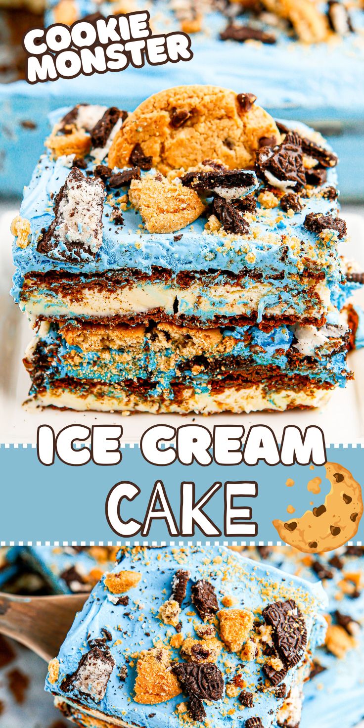 This COOKIE MONSTER ICE CREAM SANDWICH CAKE RECIPE is a super cute Sesame Street inspired party cake. The vibrant blue Cookie Monster color with crumbled cookies made super easy with ice cream sandwiches. Cookie Monster ice cream cake pinnable image