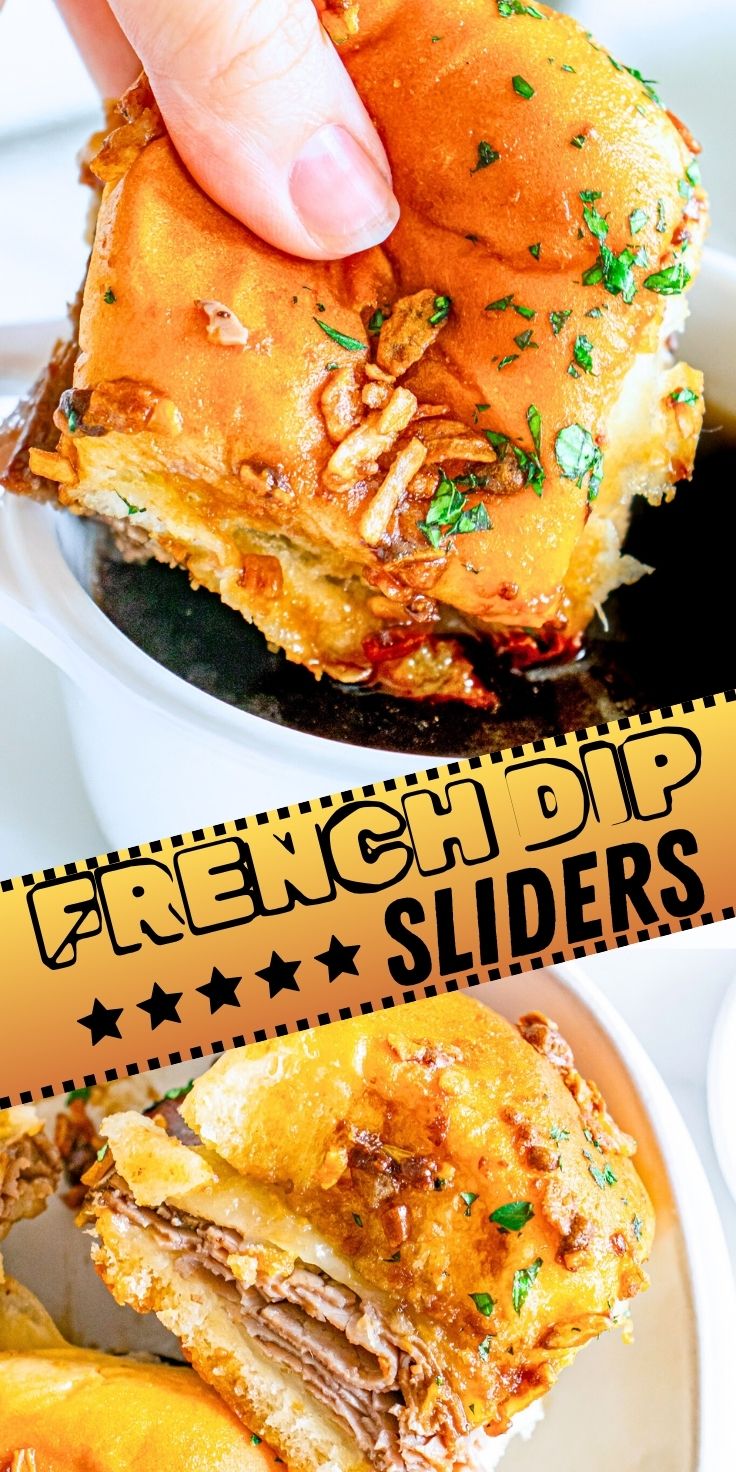 These FRENCH DIP SLIDERS are great for parties, potlucks, game-day or as an easy dinner. Your favorite dippable roast beef sandwich in a mini version. French dip sliders pinnable image