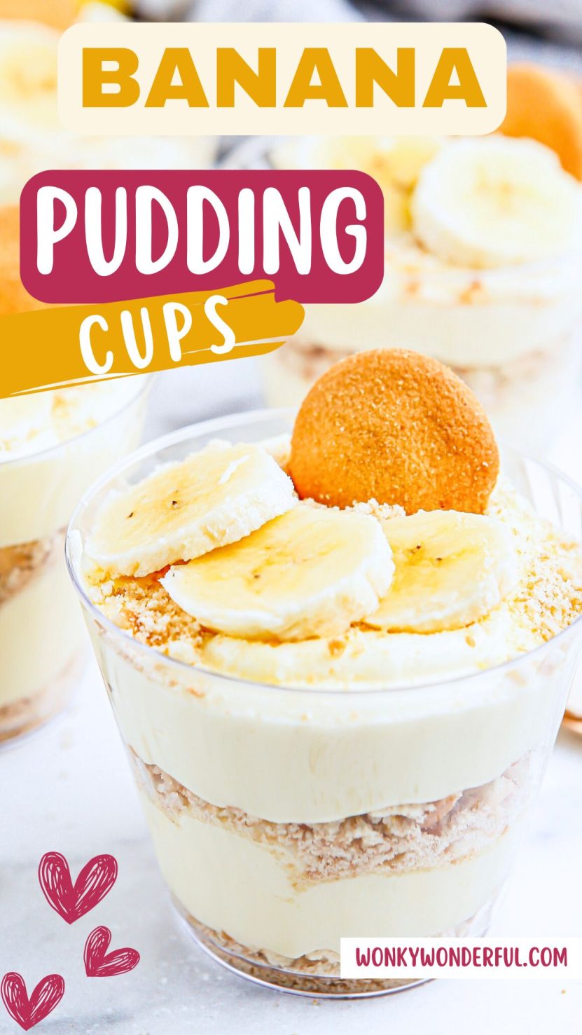 These BANANA PUDDING CUPS are a fun way to serve your favorite classic dessert. Layers of banana pudding, whipped cream and vanilla wafers served in individual cups. banana pudding cups pinnable image