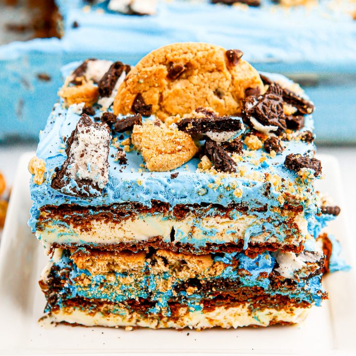 square slice of ice cream cake on white plate