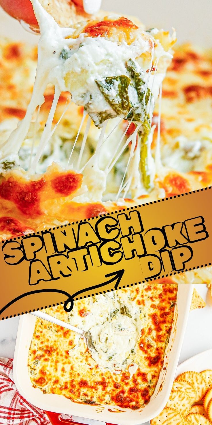 This BAKED SPINACH ARTICHOKE DIP is always a favorite appetizer for parties and holidays. Spinach and artichoke hearts in a cheesy melty dip. spinach artichoke dip pinnable image