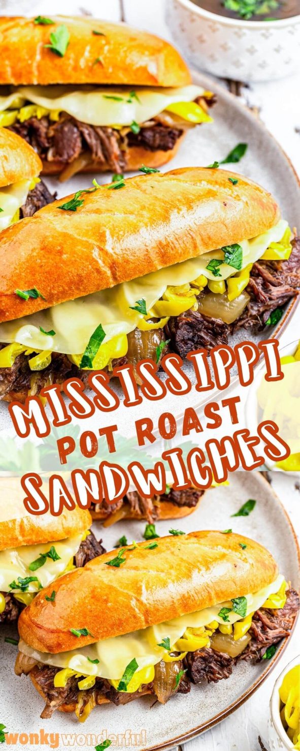 Cook fall-apart pot roast easily in your slow cooker then make these MISSISSIPPI POT ROAST SANDWICHES. Tender, juicy pot roast seasoned with ranch season, au jus and pepperoncini. Mississippi pot roast sandwiches pinnable image