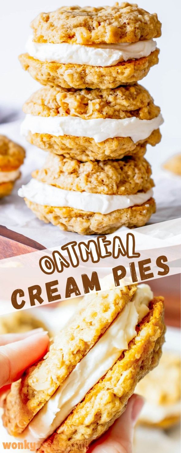 These homemade OATMEAL CREAM PIES are inspired by your favorite Little Debbie snack. Soft oatmeal cookies stuffed with a fluffy cream filling. oatmeal cream pies pinnable image