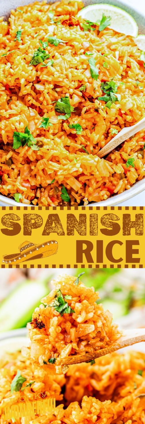 This SPANISH RICE RECIPE is the perfect side dish to go along with all of your Spanish or Mexican dishes. Spanish rice pinnable image