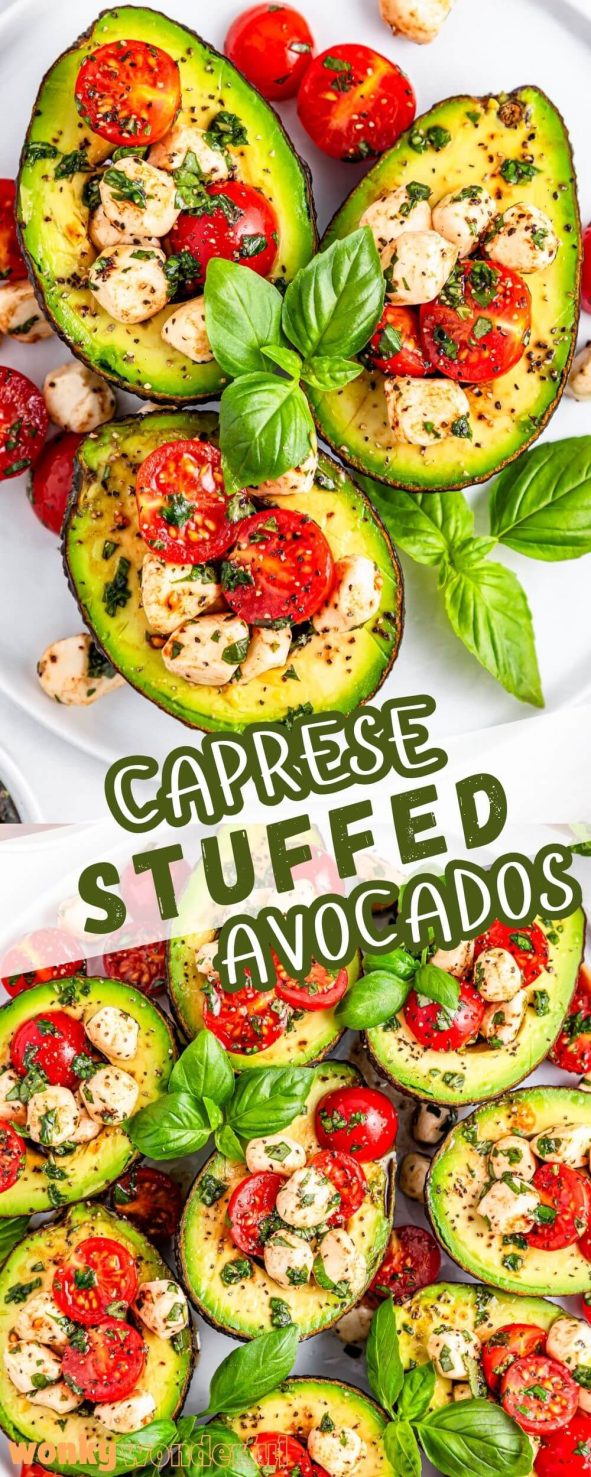 Make this CAPRESE STUFFED AVOCADOS RECIPE for a fresh, flavorful meal. Avocados filled with tomatoes, mozzarella, basil and balsamic dressing. caprese stuffed avocados recipe pinnable image