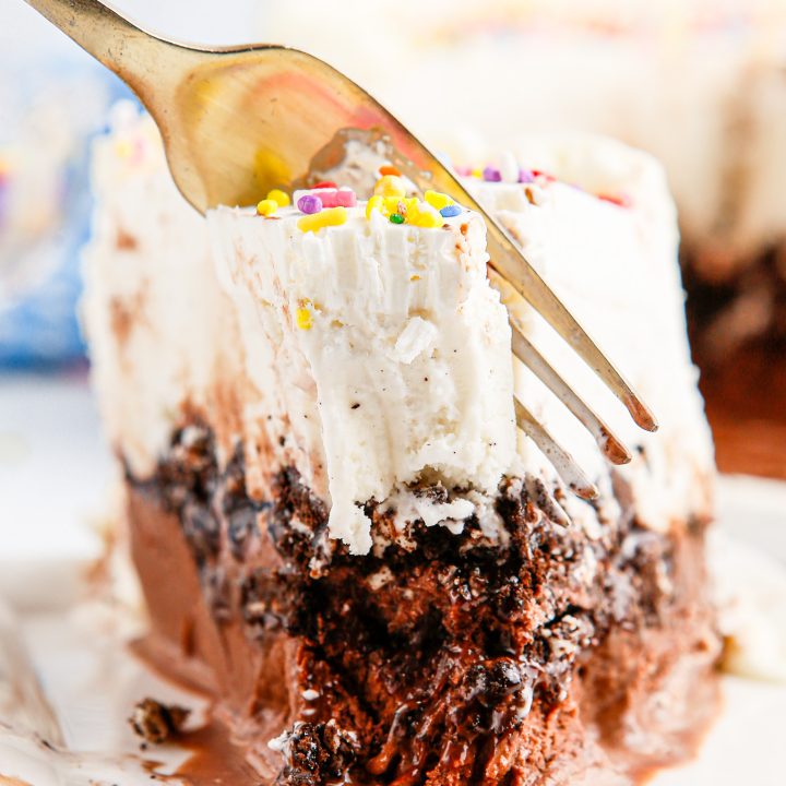 fork taking bite from cake slice