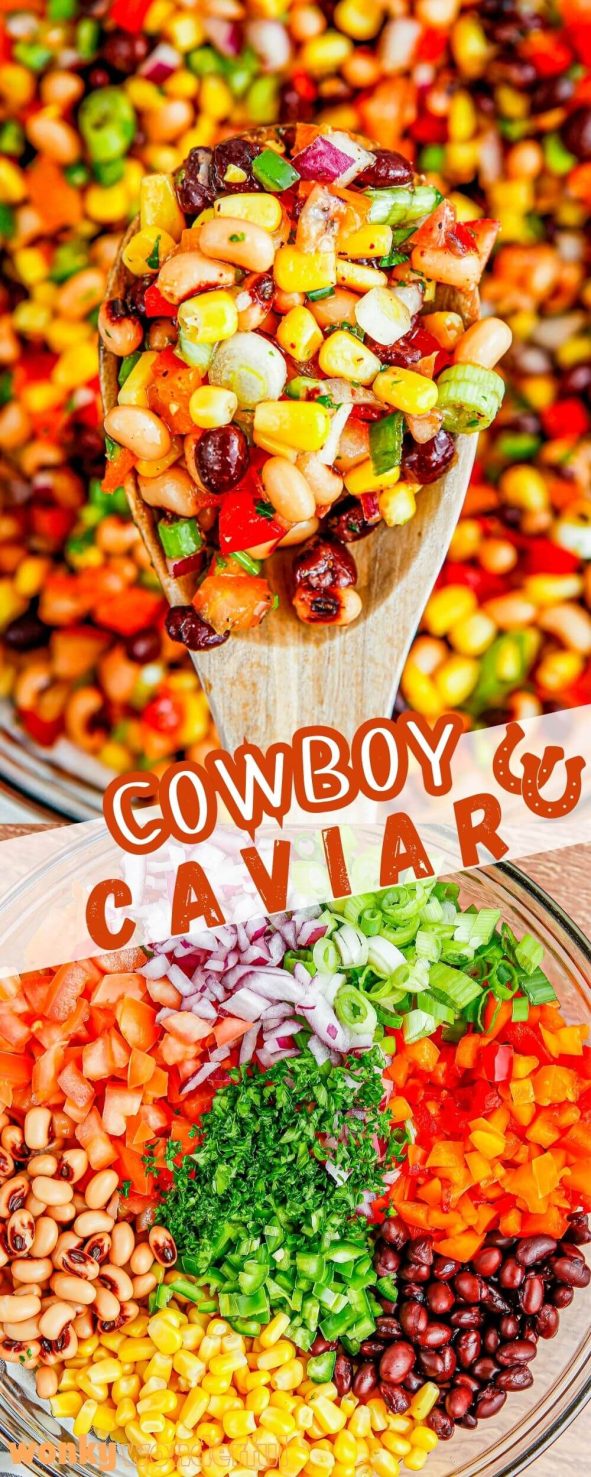Make this COWBOY CAVIAR RECIPE all summer long to enjoy at potlucks, parties, barbecues or poolside. Also known as Texas Caviar - basically pico de Gallo salsa with corn and beans added. cowboy caviar pinnable image