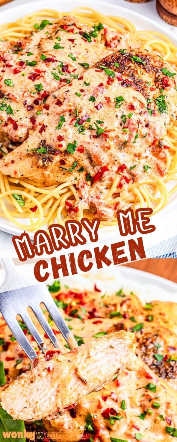 Legend has it, this MARRY ME CHICKEN RECIPE is so delicious that one bite might just inspire a marriage proposal! With tender chicken simmered in a rich parmesan cream sauce, it’s a possibility. marry me chicken recipe pinnable image