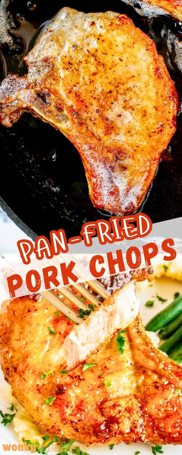pan fried pork chops pinnable image