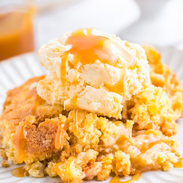 cake topped with ice cream on white plate