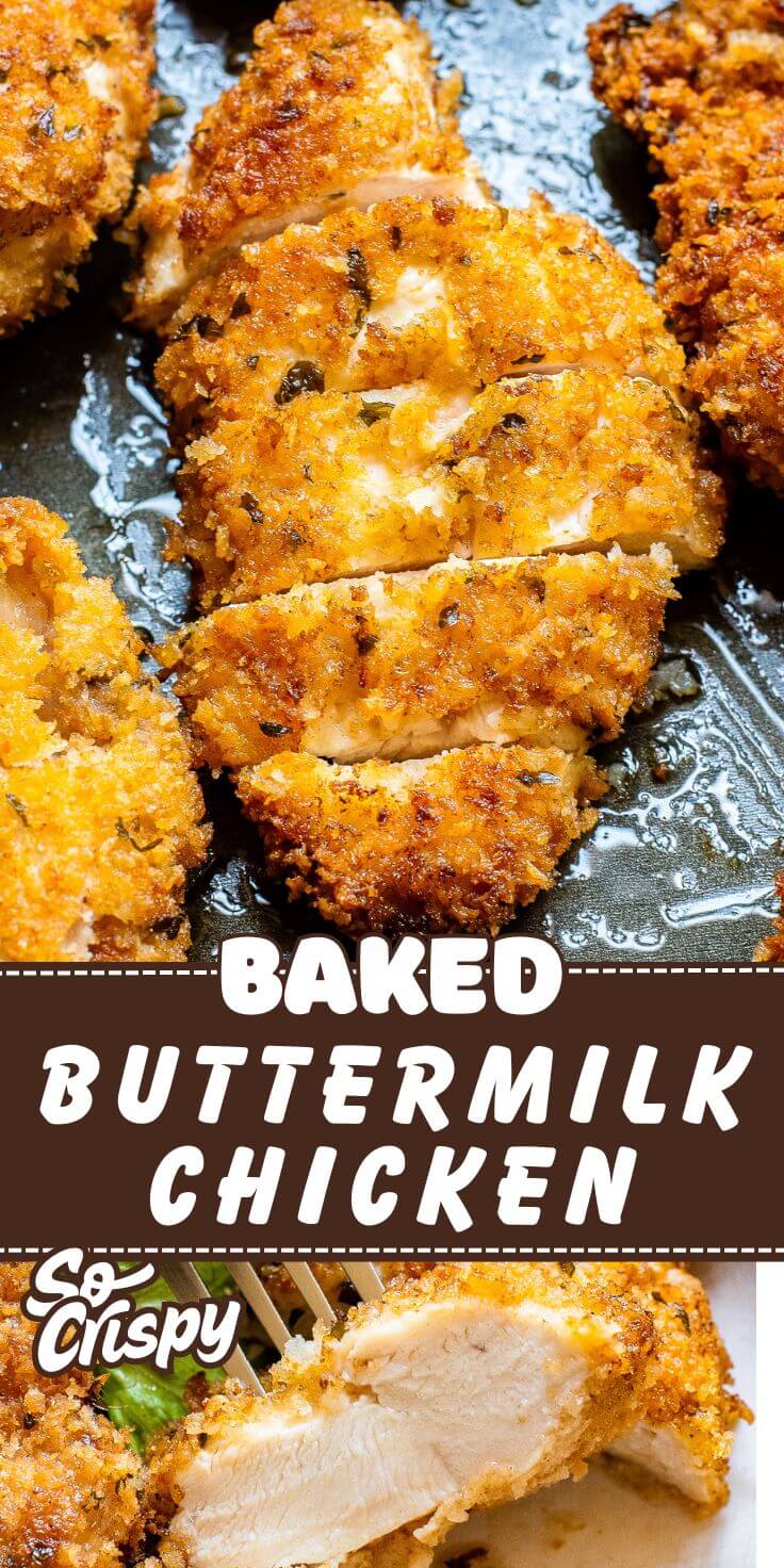 BAKED BUTTERMILK CHICKEN is everything you want in a comfort food dish. Crispy on the outside, juicy on the inside, and packed with flavor. Proof that you don’t need a deep fryer to get that satisfying crunch. baked buttermilk chicken pinnable image
