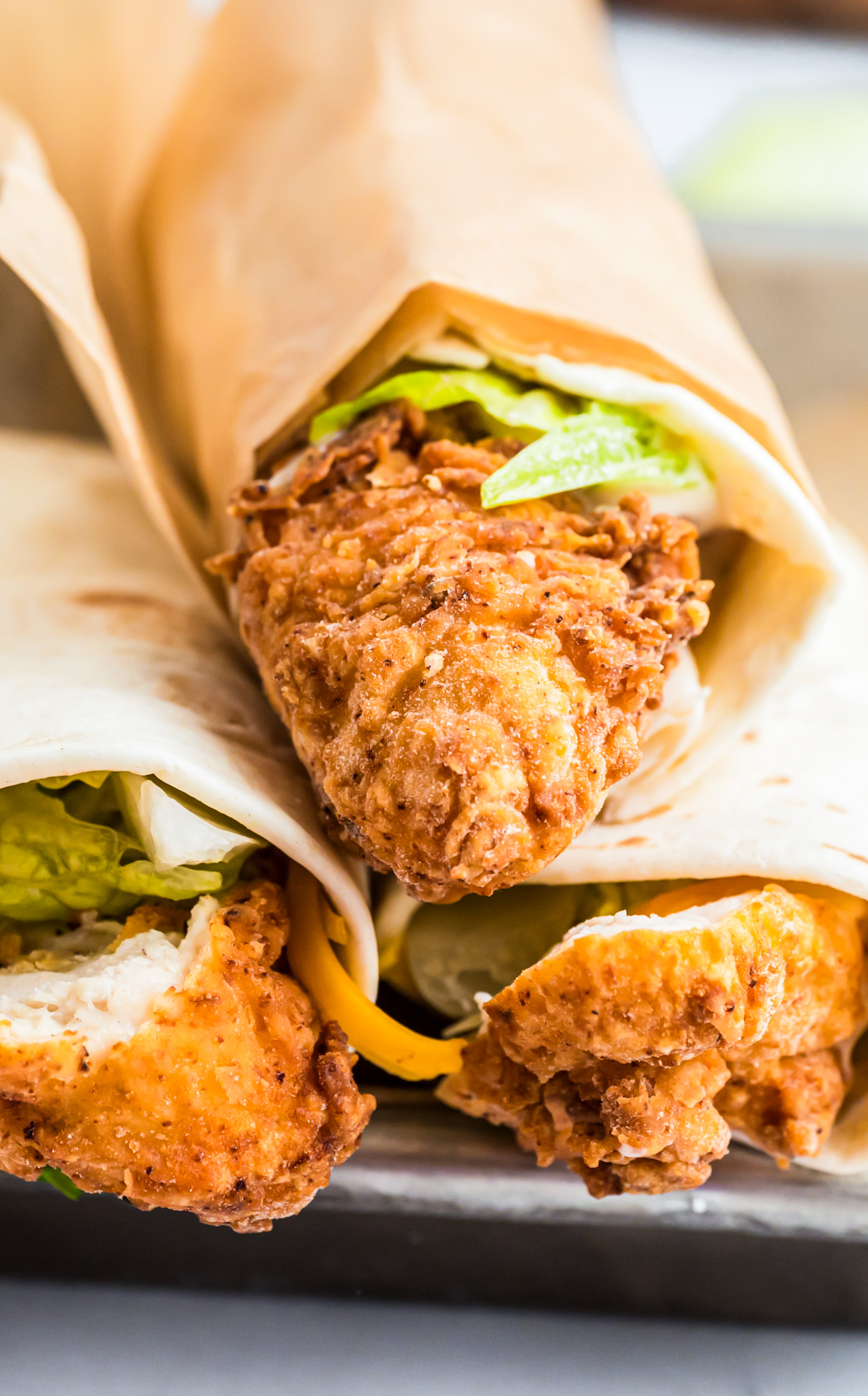 fried chicken rolled into tortilla