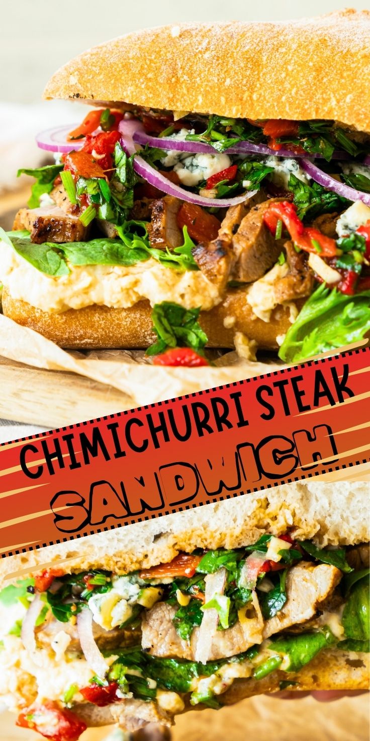 This CHIMICHURRI STEAK SANDWICH is full of flavors and textures. The ultimate satisfying lunch or dinner. steak sandwich pinnable image