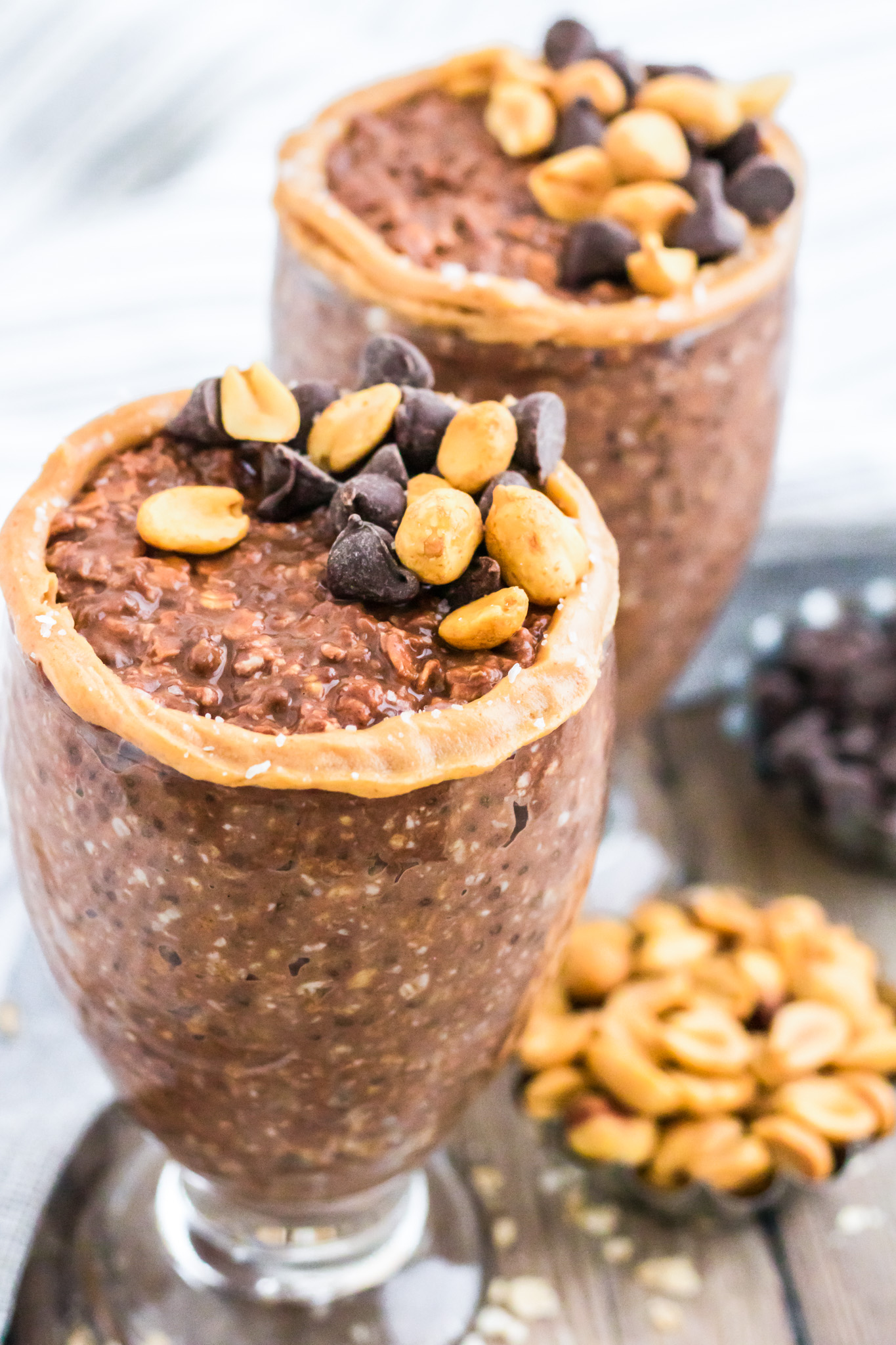 chocolate oatmeal topped with peanut butter