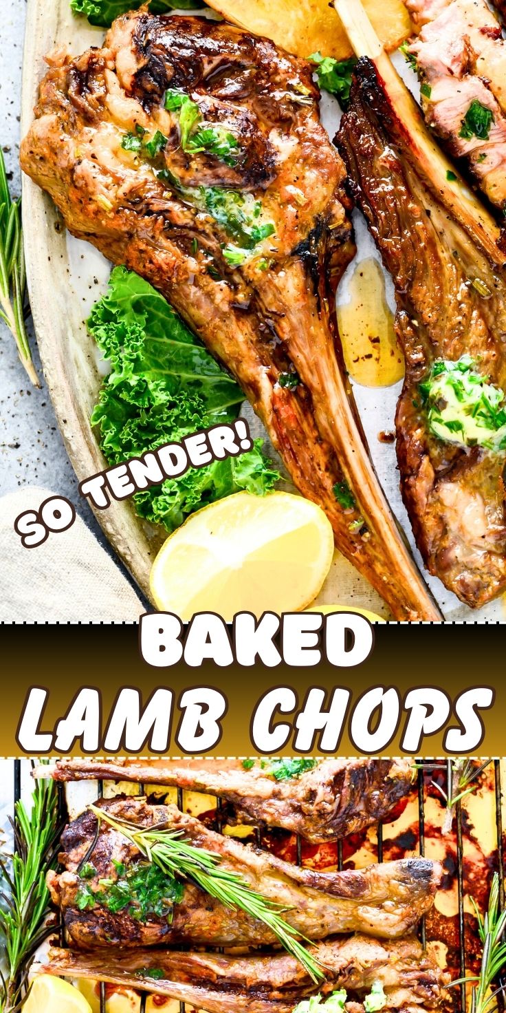 These BAKED LAMB CHOPS IN OVEN are a delicious and elegant dinner idea. lamb chops in oven pinnable image